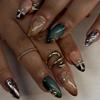 Autumn/Winter French Brown Wearable Nails with 3D Gold Stripe Abstract Design