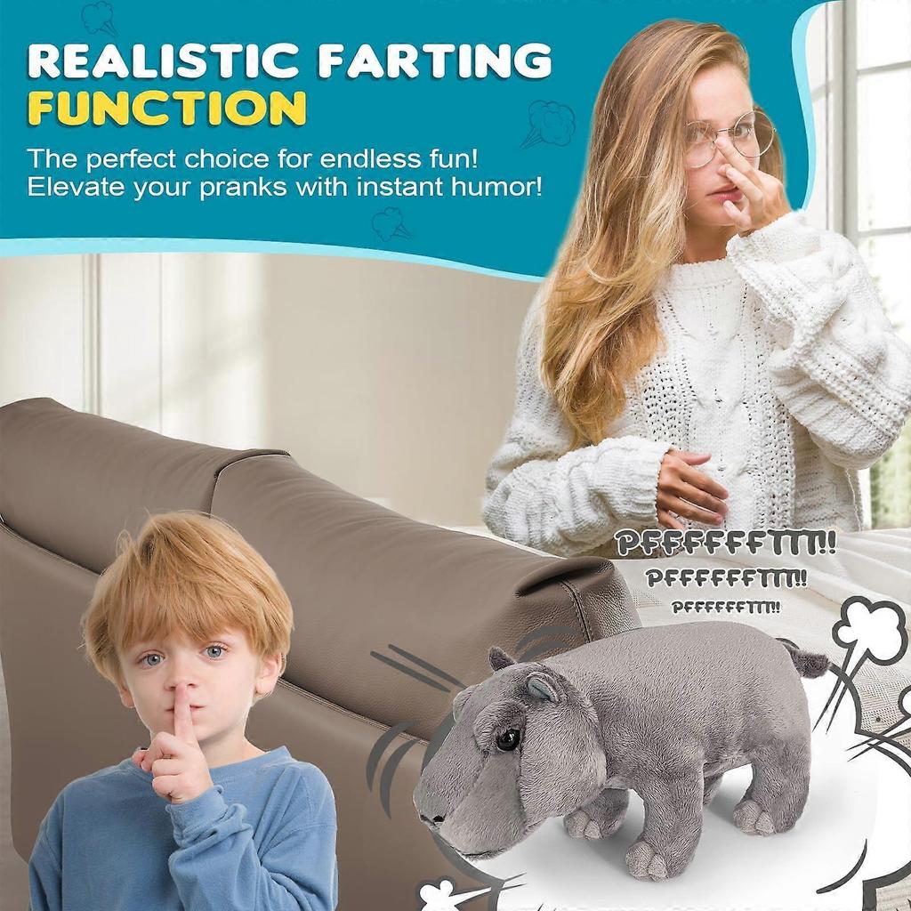Hippo Farting Plush Toy with 30 Fart Sound Effects, Funny Stuffed Animal Gift for Kids and Adults
