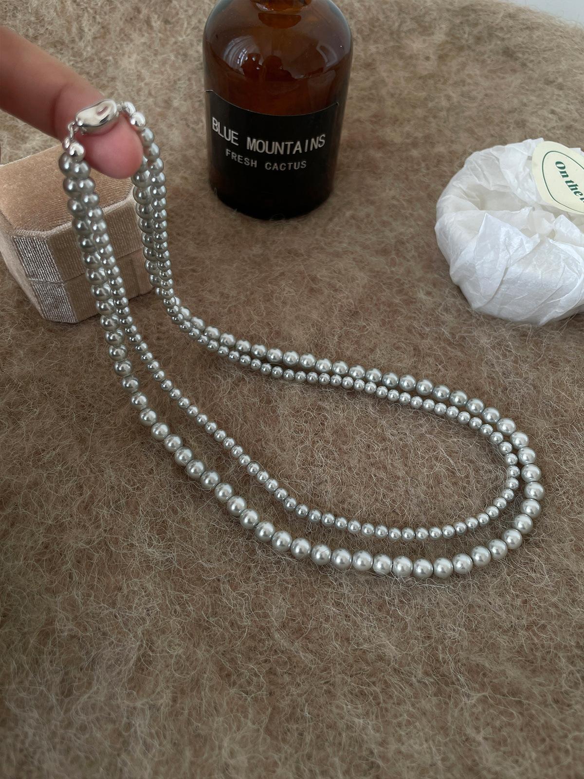 

Retro pearl necklace exquisite double-layer stacked neck chain 925 sterling silver button head light luxury high-end collarbone chain 925 silver