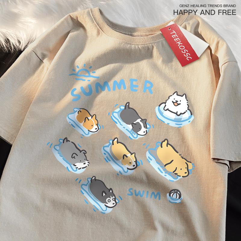 Fun Cat And Dog Swimming Japanese Style T-Shirt Female Casual Loose T-Shirts Summer Tops Fashion Breathable Tee Clothing