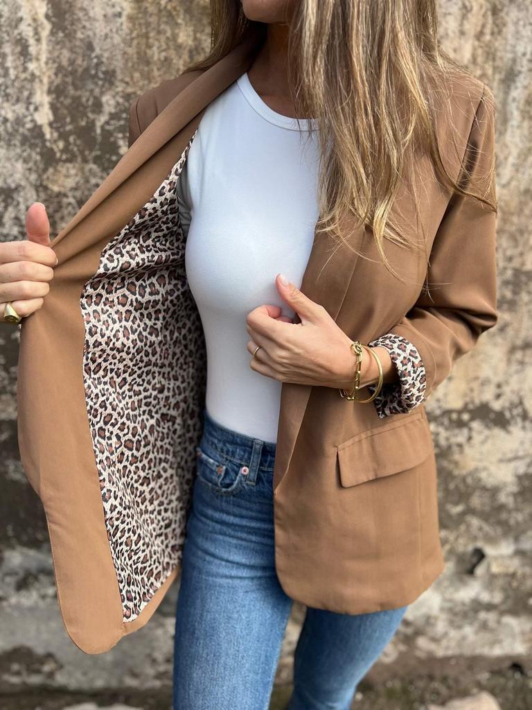 2024 Women's Leopard Print Patchwork Long-Sleeve Blazer Jacket for Autumn/Winter