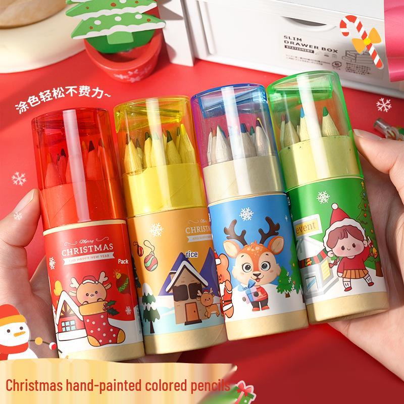 Cartoon Christmas Colored Pencils - 12 Colors in Tube with Sharpener for Kids