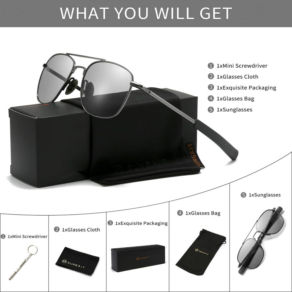 Photochromic Discoloration Sunglasses Military Style Pilot Aviator Sunglasses for Men Polarized UV400 Protection [SUNGAIT] SGT285QBS-JP