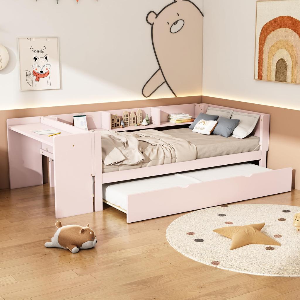 Slaapbank gestoffeerd bed 90 x 200 cm, Uittrekbed met wielen, met bureau, drie planken aan de zijkant van het bed, Zonder matras