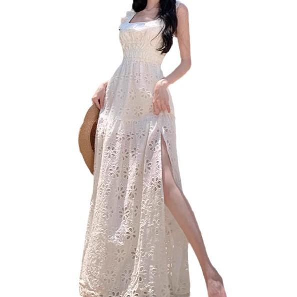 Sanya niche romantic ruffle edge embroidered dress French holiday style backless split fairy long dress
