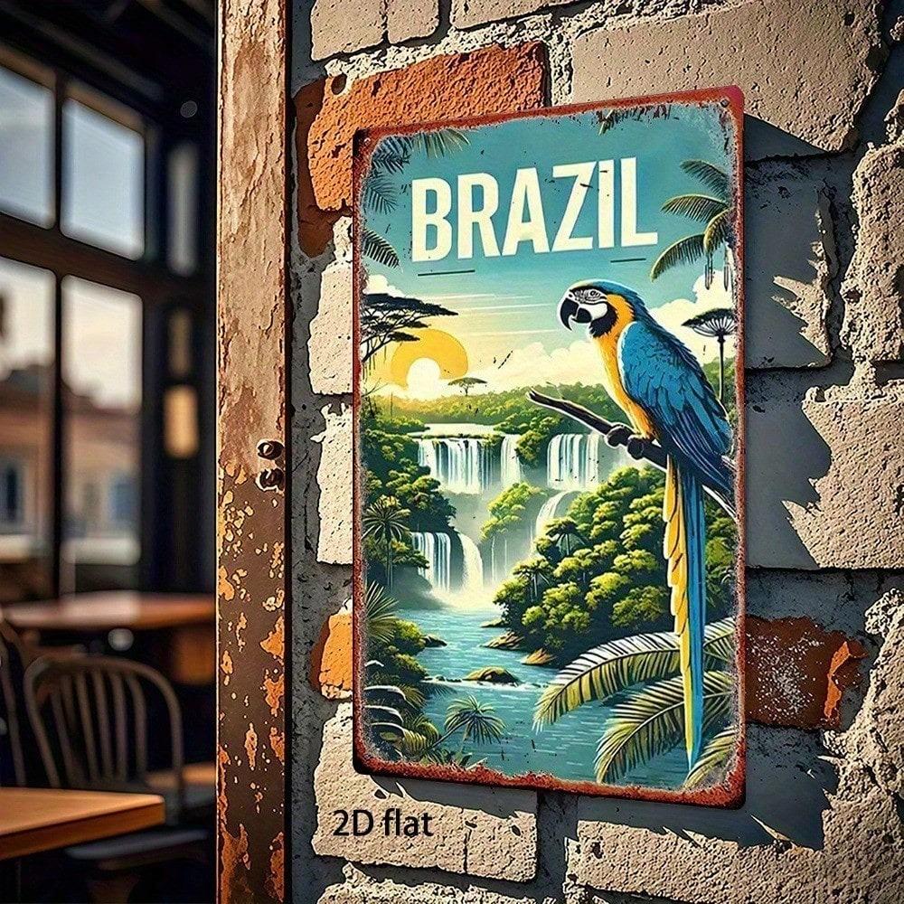 Vintage Brazilian Parrot Tin Sign, 8x12 Inch Retro Metal Wall Art, Tropical Decor