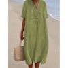 Summer Literary Vintage Cotton Linen Dress Female Short Sleeve Loose Casual Robe Women Solid Color Vestidos