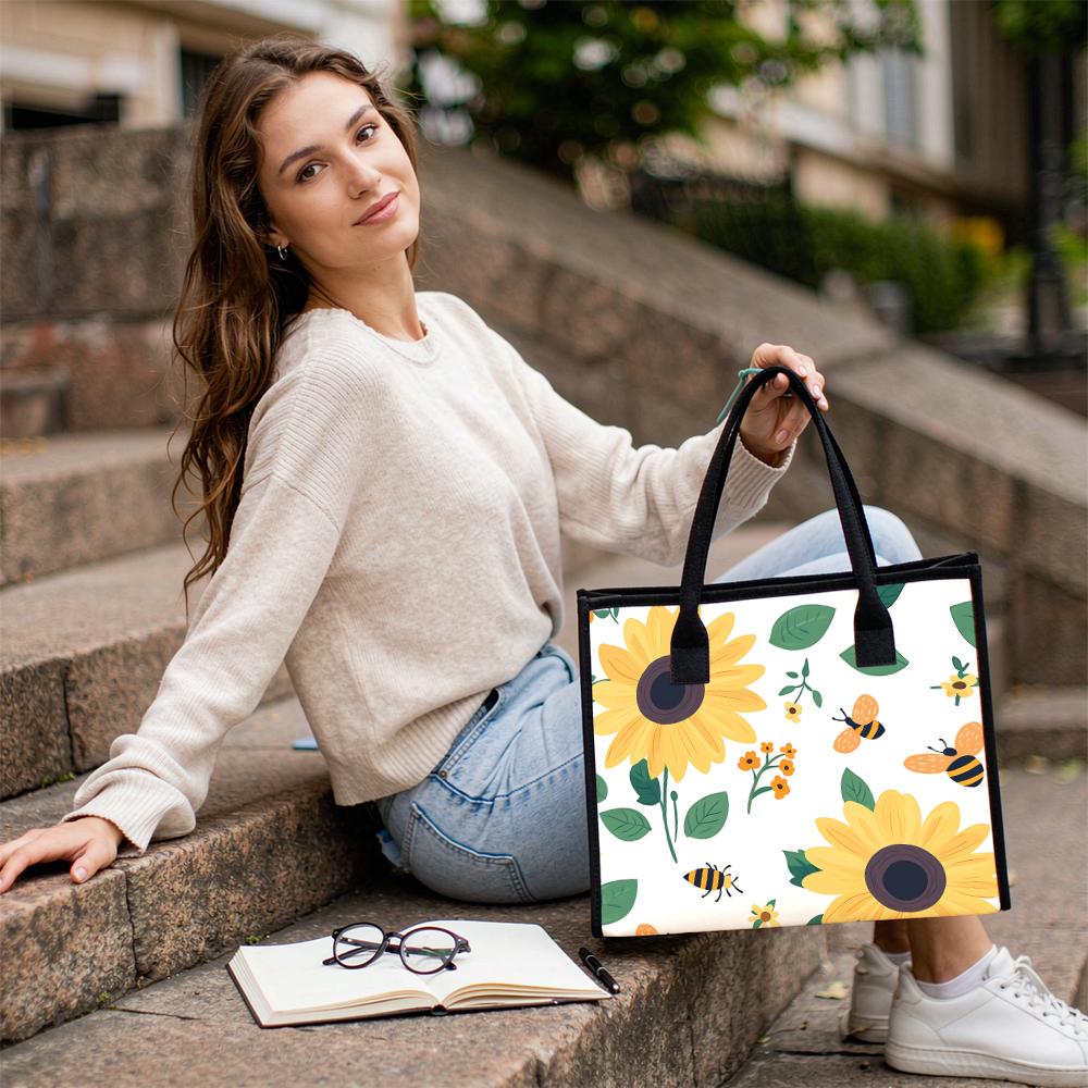 Sunflower Bee Printed Canvas Tote Bag Daily Outdoor Casual Lightweight Carryall Handbag