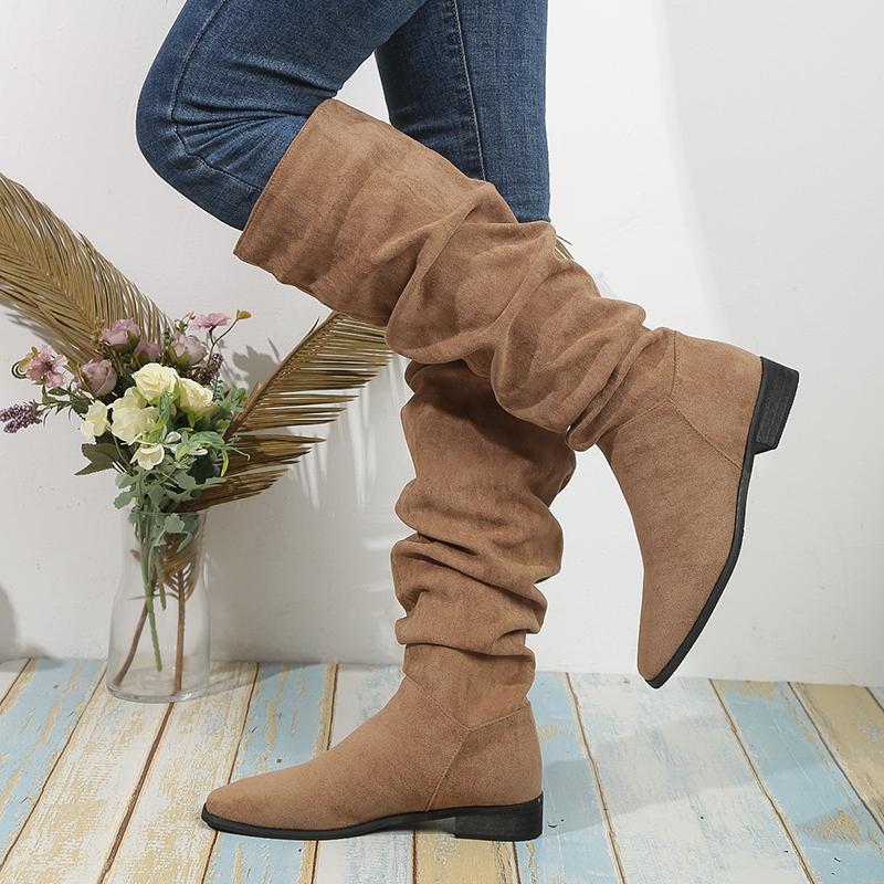 Mode Vintage Wildlederimitat Kniehohe Stiefel Damen 2025 Neue Dick Absatz Plissierte Lange Stiefel Frau Herbst Winter Schlupfstiefel Hohe Botas Mujer
