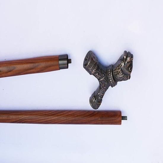 Vintage Löwe Messing Form Cooper Antik Gehstock Gehstock Rot Holz zweifach gefaltet Einzigartiges Designer Geschenk