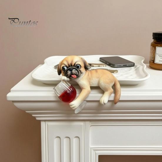 Creative Planter Edge Decor Lying Pug Statue for Planter, Dog Figurine with Red Wine Tabletop Animal Ornament Glass, Cute Resin Flower Pot Decoration