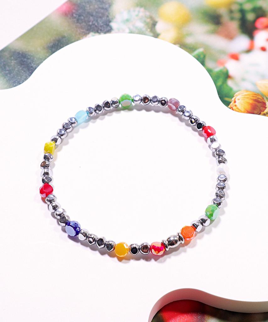 Polalita Rainbow Gemstone & Silver Hematite Bracelet (Plt-Br-139_Sv)