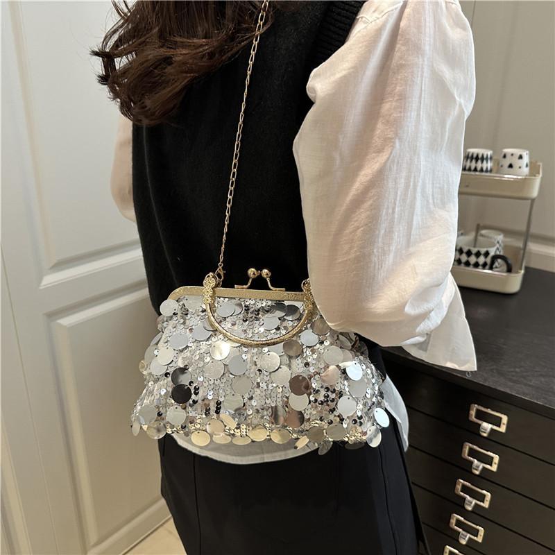 Elegant Sequined Evening Clutch Bag for Women Solid Color Chain Crossbody Shoulder Bag Fashion Shell Handbag Purse
