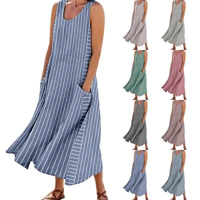 Women's Fashion Casual Dress Round Neck Sleeveless Pullover Striped Printed Dresses