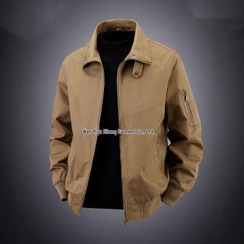 Men's Retro Pilot Lapel Cotton Jacket - Solid Color, Plus Size, Spring/Autumn Workwear Style