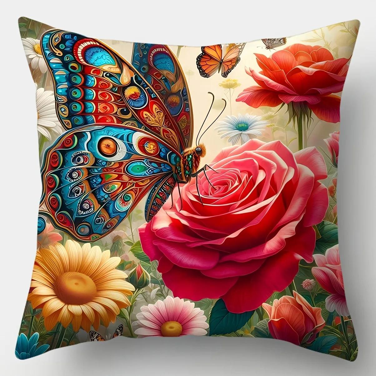 

Красочный узор из бабочек и цветов, наволочка для домашнего декора, диванная подушка для гостиной из полиэстера с молнией 66x66cm
