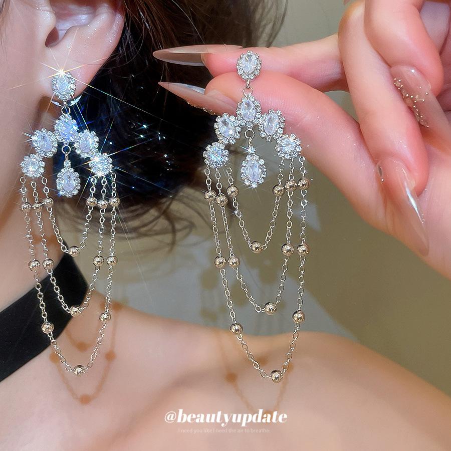 Silver Needle Super Flash Zircon Water Drop Fringed Stud Earrings, Ins Light Luxury High Sense Niche Earrings