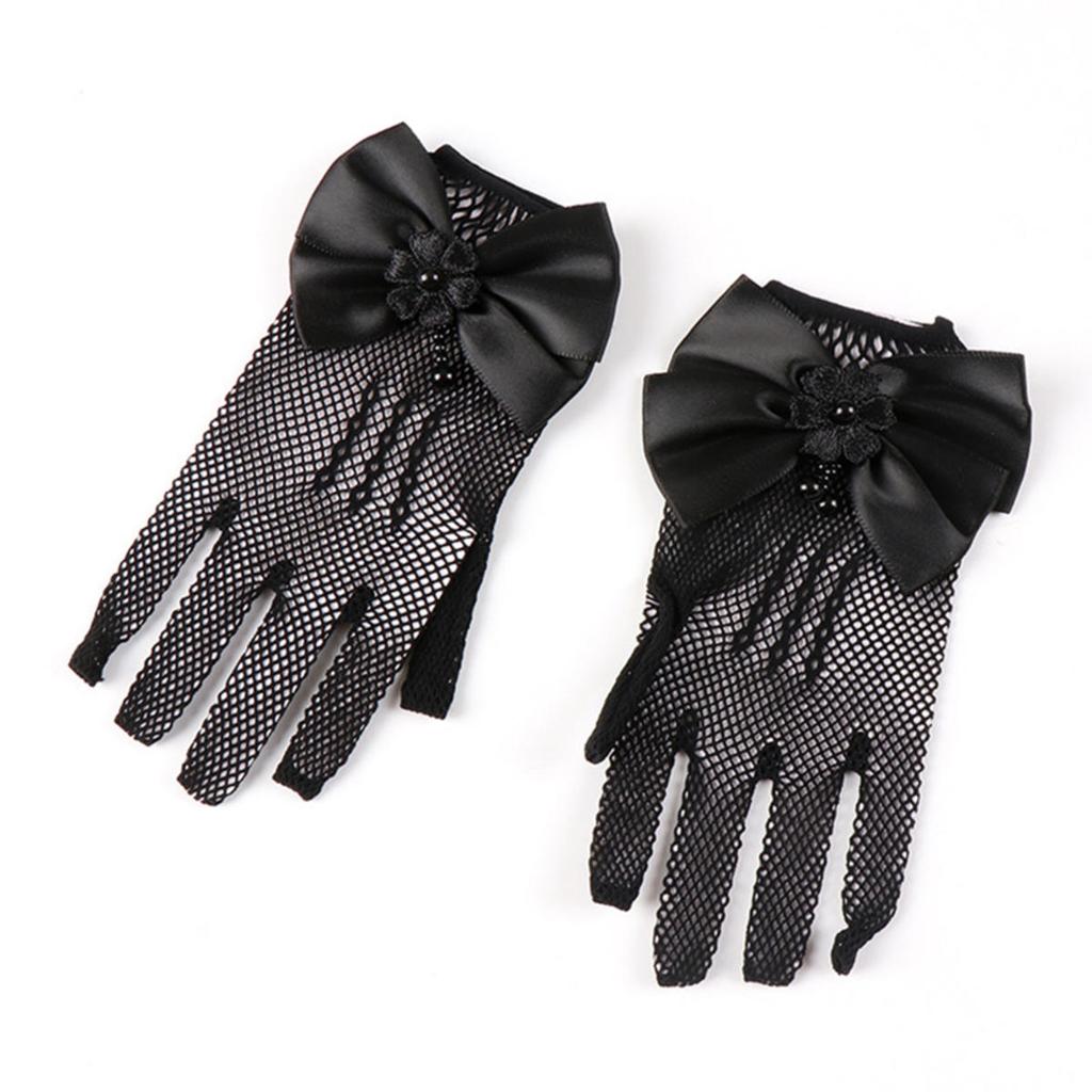 Kids Party Lace Pearl Fishnet Gloves Communion Flower Girl Party Mittens Children's Mittens High Elasticity Mesh Bow Gloves