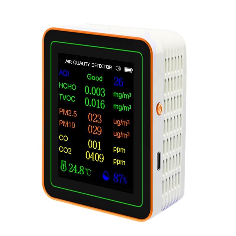 Air Quality Pollution Meter HCHO TVOC CO CO2 PM2.5 PM10 Temperature Humidity Meter with Buzzers Tester Color Display