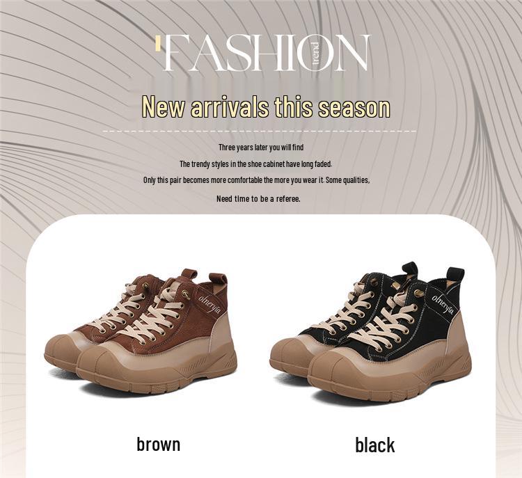 Golden Rabbit Genuine Leather High-Top Thick-Soled Women's Sneakers - 2025 Autumn/Winter Round-Toe Lace-Up Sports Casual Shoes.