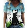 Summer V-neck Funny Cat Pattern 3D Printed Top Fashionable Casual Short Sleeved Women's T-shirts