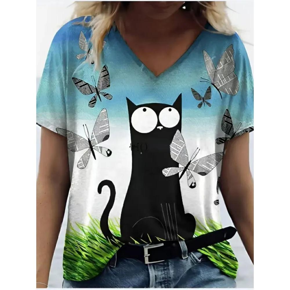 Summer V-neck Funny Cat Pattern 3D Printed Top Fashionable Casual Short Sleeved Women's T-shirts