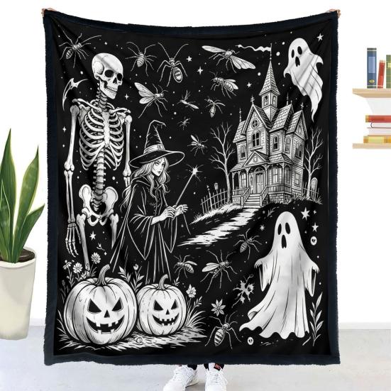 Coloring Blanket for Adults Halloween DIY Blanket, Throw with Ghost Patterns, Color Your Artistic Bedroom Decor Accessories Own Washable Cozy