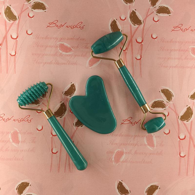 3-Piece Set: Imitation Jade & Rose Quartz Gua Sha Boards with Spiky Roller Facial Massager