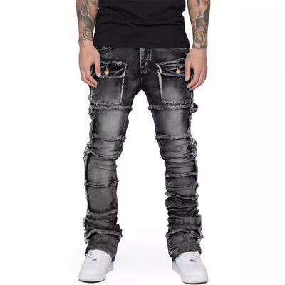 New Retro Cargo Jeans Men Stretchy Ripped Washed Y2k Pants Straight Leg Male's Patched Denim Trousers 2025 Spring Autumn