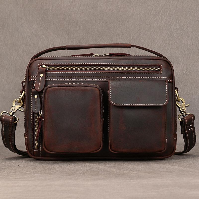Crazy Horse Leather Shoulder Bag, Men's Multi-purpose Crossbody Bag, Genuine Leather Retro Commuting Bag, Casual Handbag