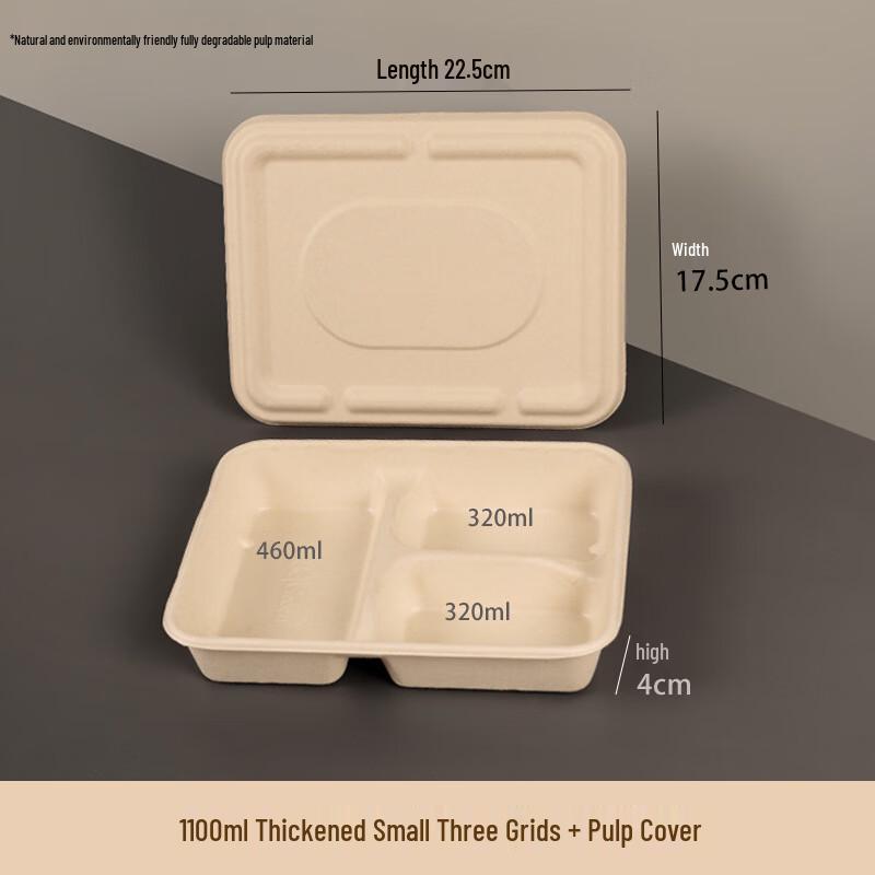 

Disposable 1100ml 3-Compartment Takeaway Food Container with Pulp Lid