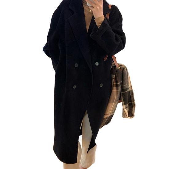 Frauen Winter Woolen Mantel Verdickt Zweireiher Lange Stil Einfarbig Lange Hülse Lose Revers Kerbe