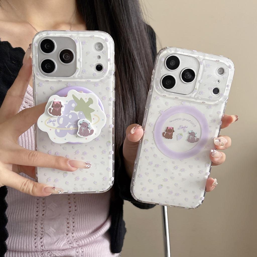 Soft Cute Cat Purple Floral Application iPhone17Pro Max Apple 16 Mobile Phone Case Magnetic Suction 14/15 Double Layer