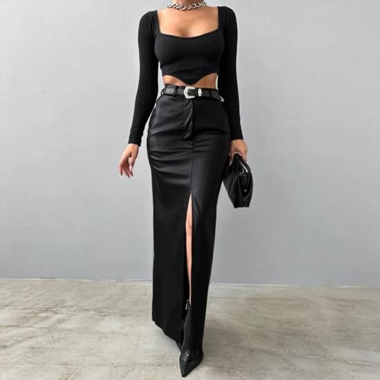 Faux Leather Maxi Skirt Solid Color High Waist Slit Hem Maxi Skirt Windproof Velvet Lining Straight Fit Long Skirt