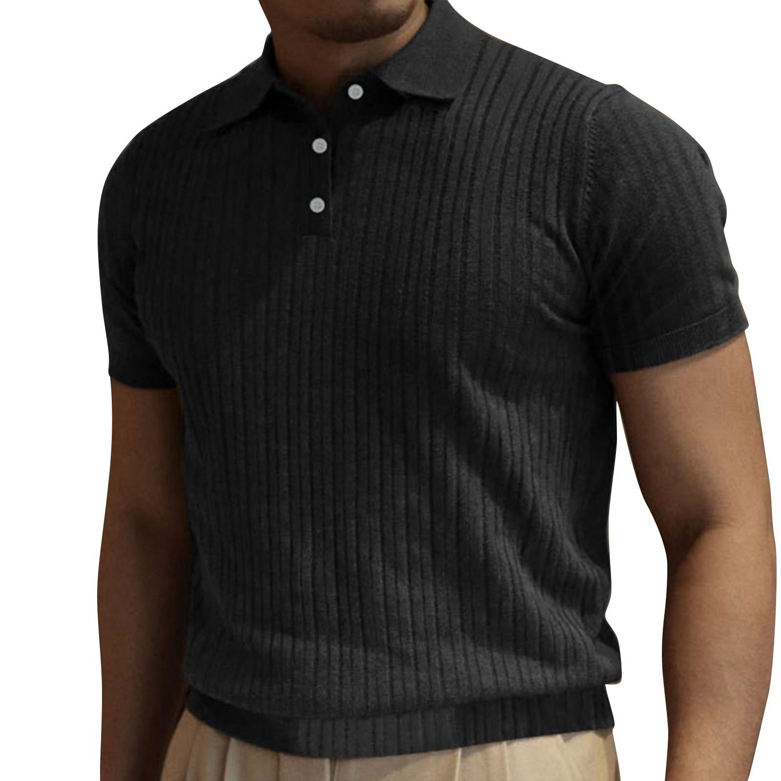 

Мужской однотонный полосатый топ с пуговицами и лацканами с коротким рукавом, повседневные модные топы для мужчин XL чёрный