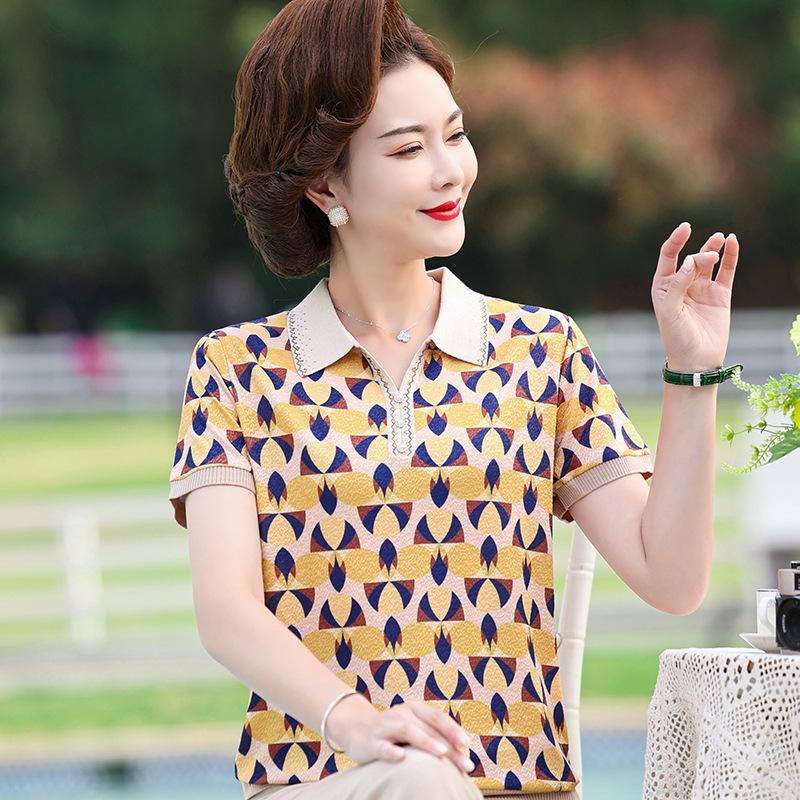 

Mom s Summer Ice Silk Polo for 50-60-Year-Old Women: Short-Sleeved Blouse 4XL (Recommended 140-160 lbs)