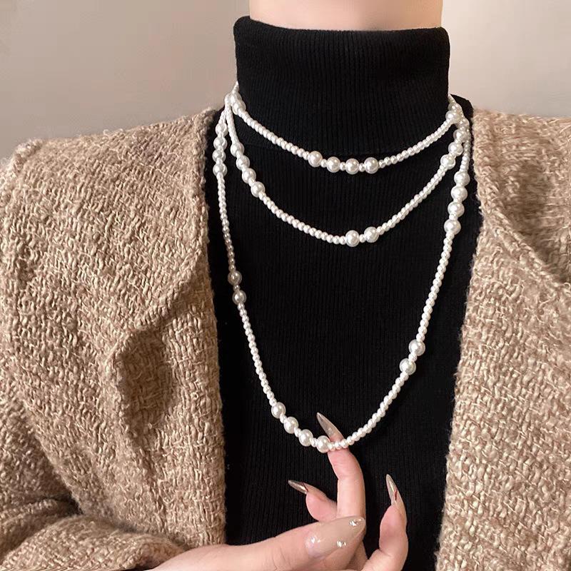 Multi-Layer Stacked Pearl Necklace, Female Foreign Style Fashion Collarbone Chain, Light Luxury High-End Long Sweater Chain