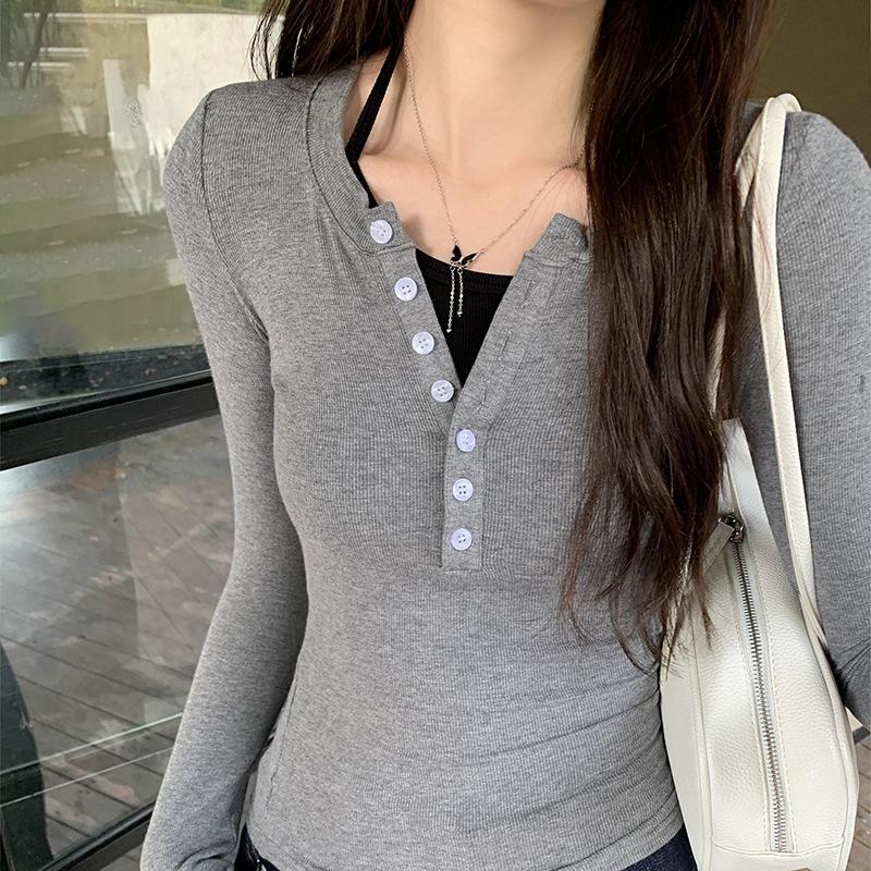 

Серая футболка из двух частей с имитацией воротника-халтер и длинными рукавами для женщин на весну и осень, новый приталенный топ S