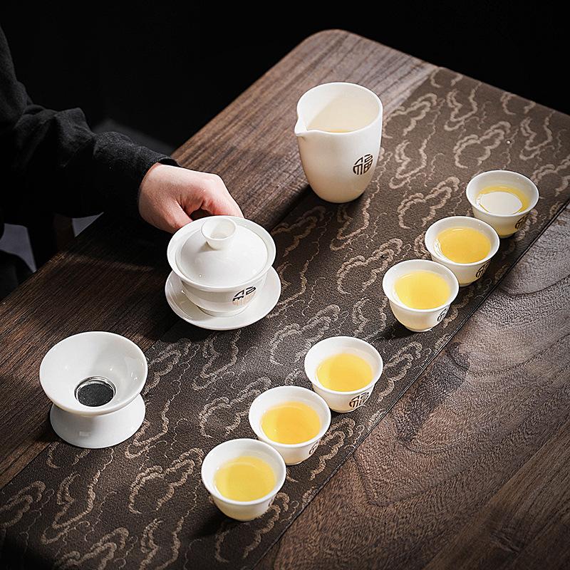 Suet Jade Kung Fu Tea Set White Porcelain High-end Gift Box Ceramic Tea Cover Bowl Teacup
