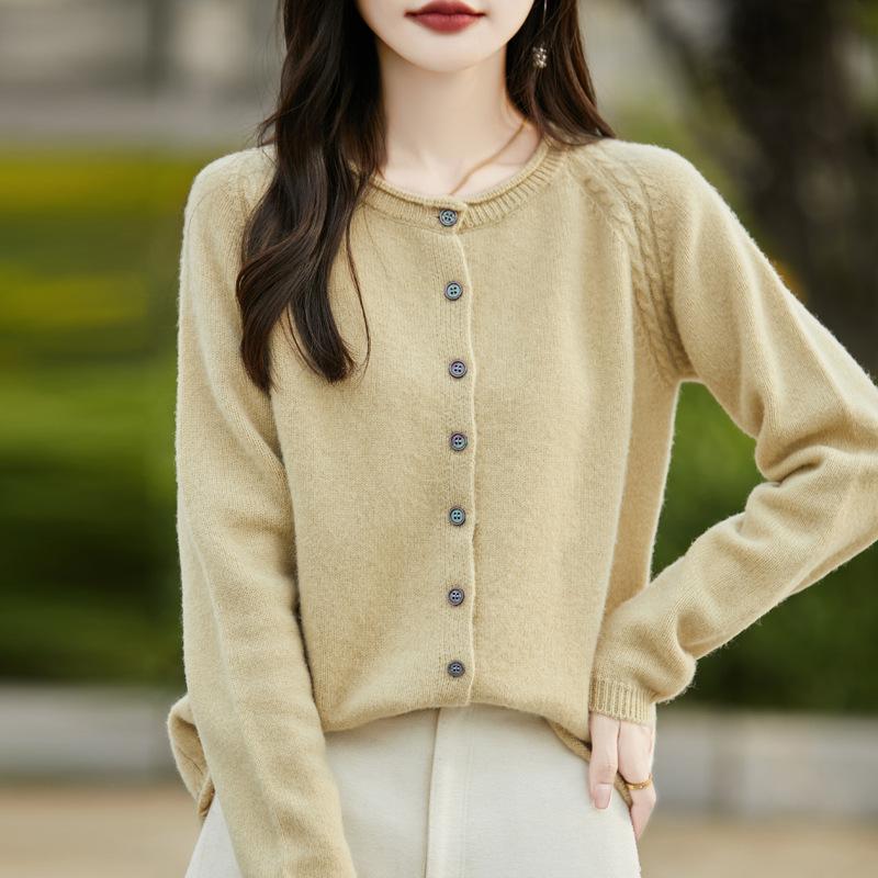 Women's Loose Fit Wool Cardigan - Solid Color, Round Neck, Rolled Hem, Casual Korean Style