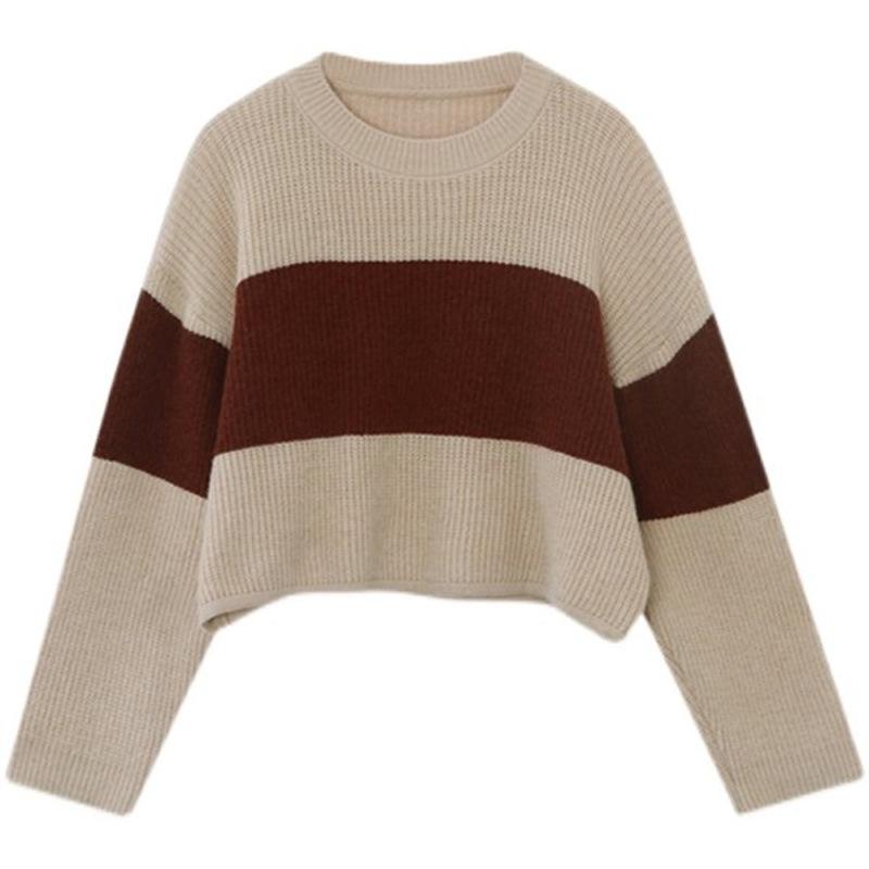Short Striped Crew Neck Sweater Women's New Autumn Loose Casual Wear Autumn and Winter Long-sleeved Knitted Sweater