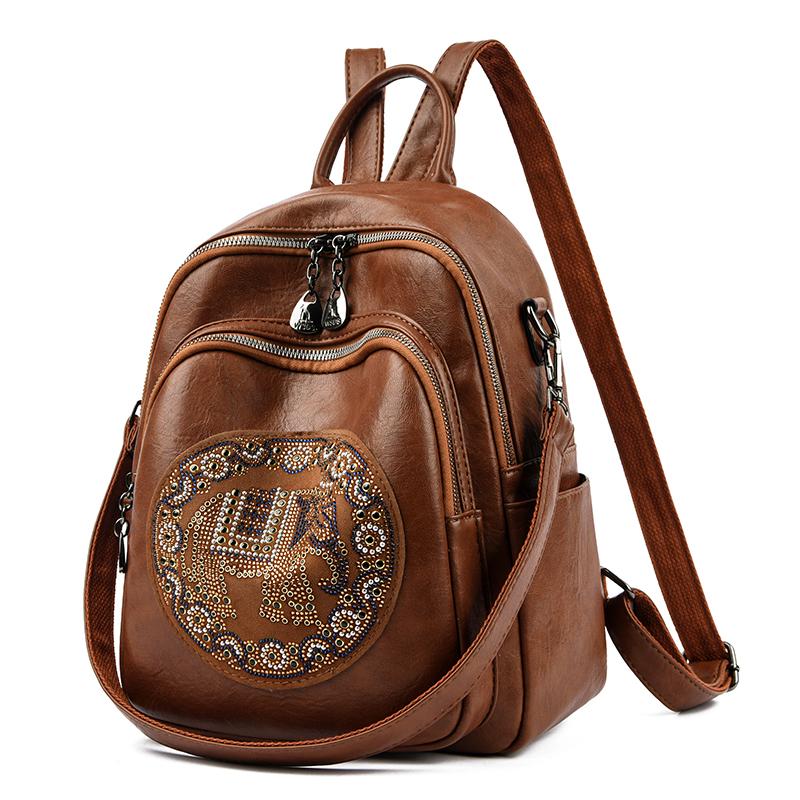 Women's Diamonds Backpack Large Capacity Soft Leather Dual-Purpose Backpack Travel Bag for Female