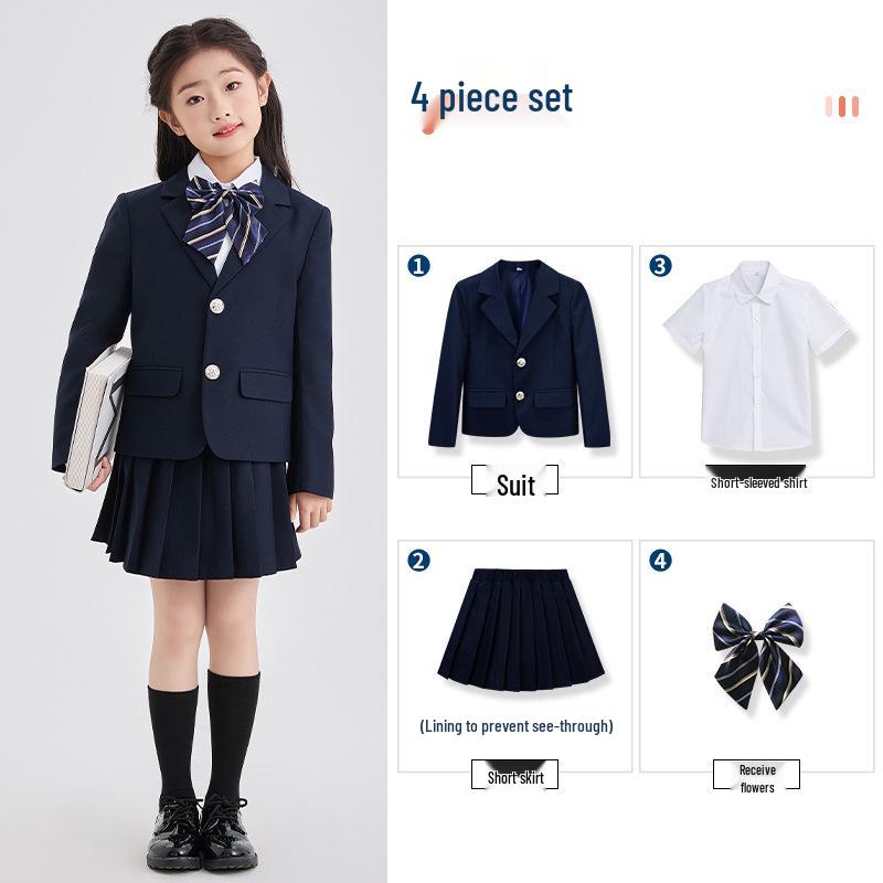 Spring/Summer Kids' British College Style Navy Blue Kindergarten Uniform Set for Performances