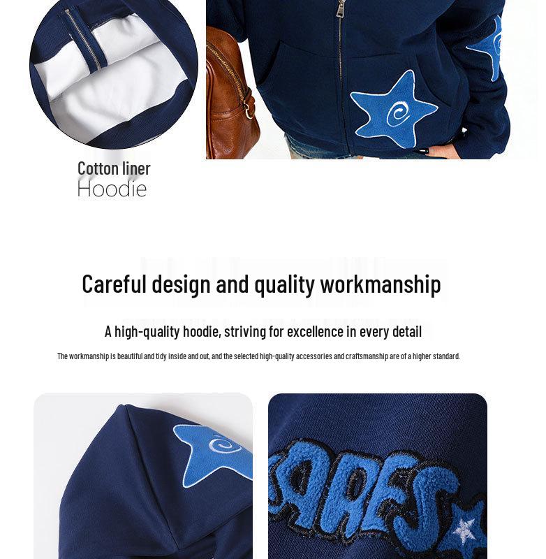 ARES 26 Heavyweight Fleece-Lined Men's Swirl Star Zipper Cardigan Hoodie - Embroidered, 400g Spring Style