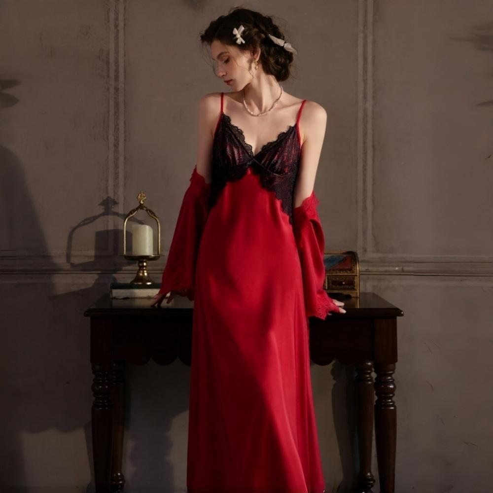 New long dress women's summer sexy ice silk pajamas suspender lace backless imitation silk homewear