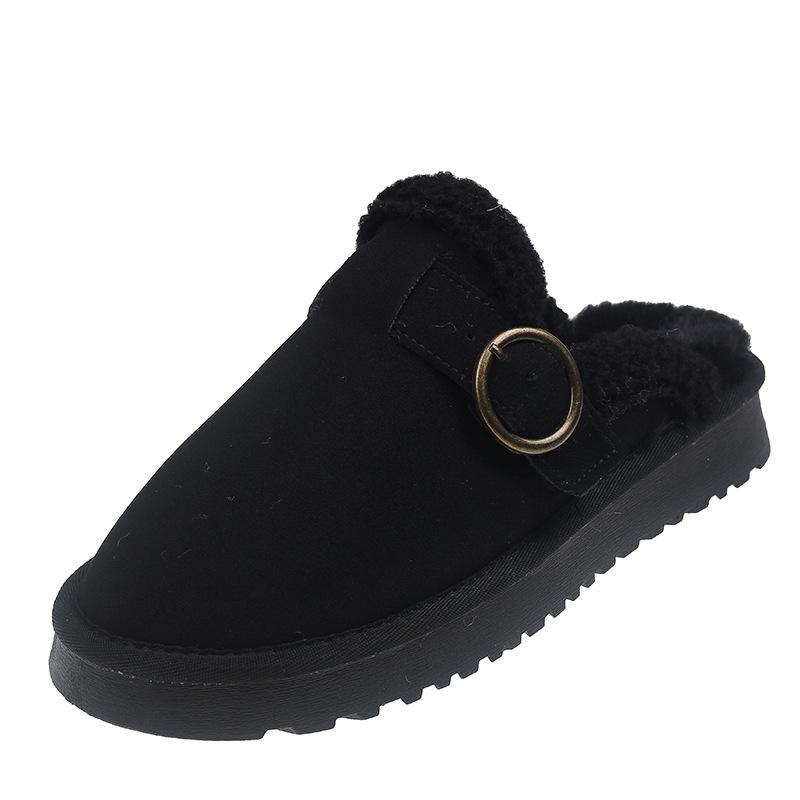 Autumn and Winter New Muffin Thick-soled Bag Head Half-drag Fluffy Shoes Women's Fashion Belt Buckle Outer Wear Cotton Slippers