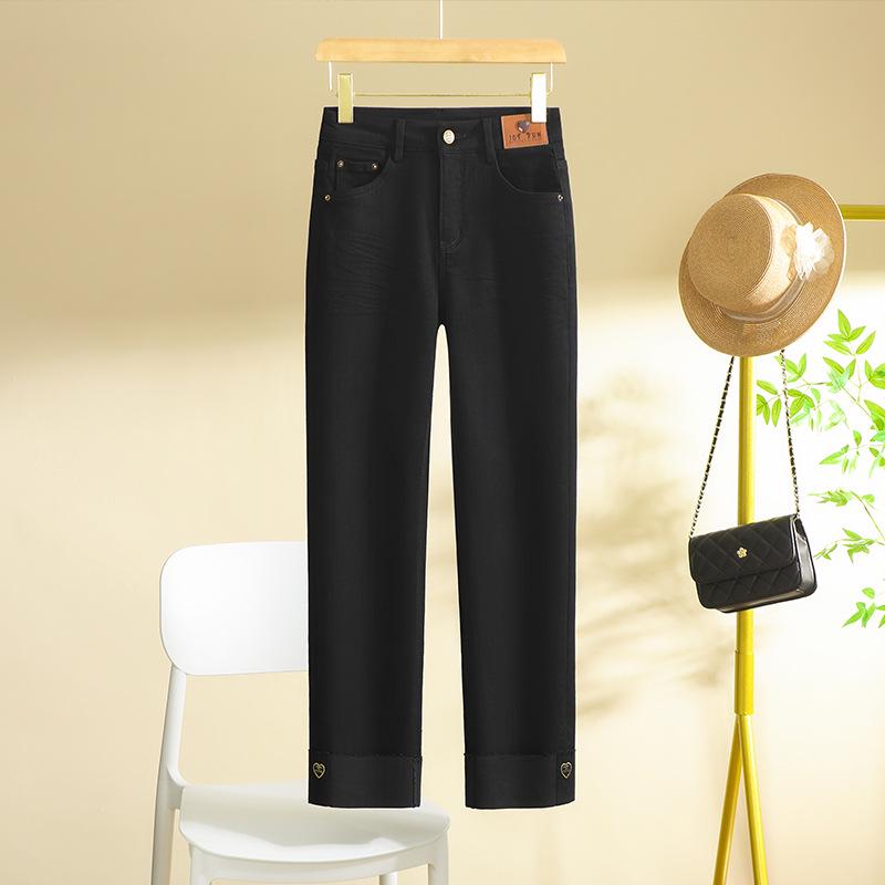 

Женские джинсы с высокой посадкой и прямыми штанинами - Весна/Осень 2024, Приталенный свободный крой, Длина девять точек, Маленький повседневный стиль. 27 (95-105 lbs recommended) чёрный