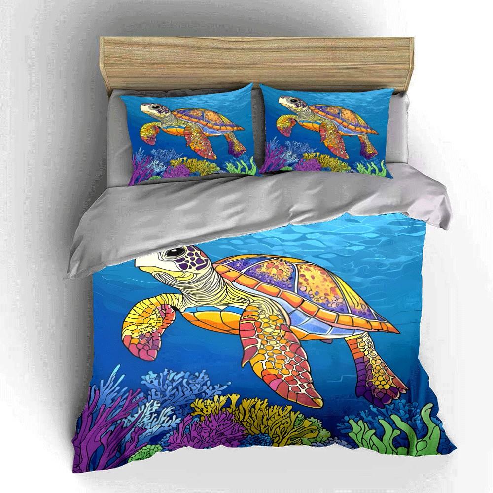 Colorful Sea Turtle Design Trio Exquisite Three-Piece Bedding Set Gift For Kids And Adults