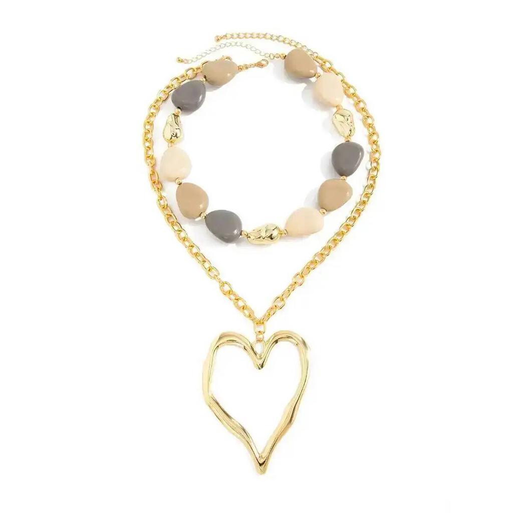 SHIXIN 2Pcs/Set Bohemia Exaggerated Big Love Heart Pendant Necklace Set for Women Vintage Irregular Beading Necklace Y2K Jewelry