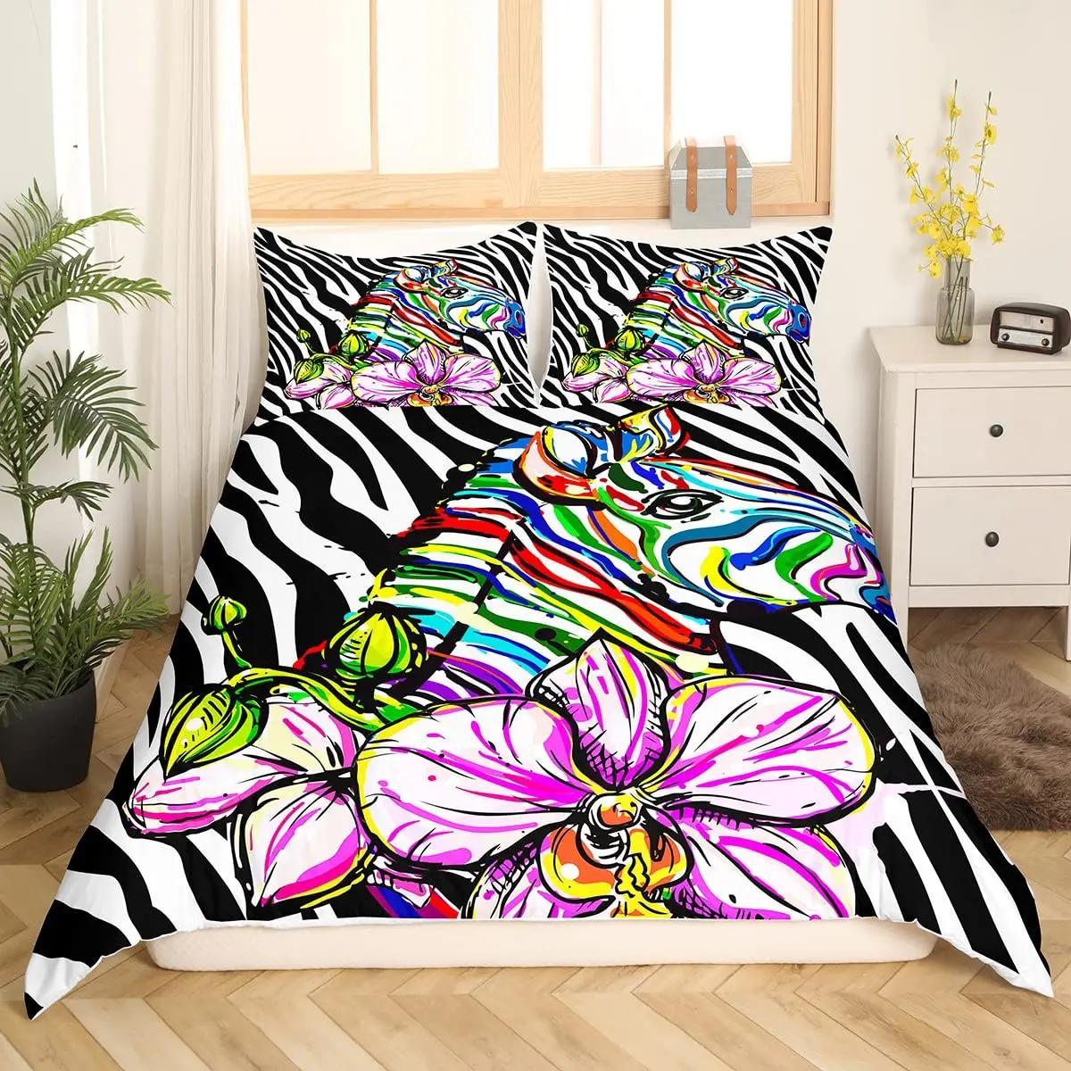 

Colorful Zebra Print Duvet Cover For Kids Girls Teens Beautiful Colorful Animals Theme Bedding Graphic Graffiti Art Decorative EU Single(135*200cm)3pcs